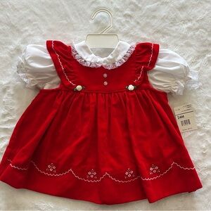 Vtg Dress 24 Month Girl Red Velvet Holiday Shirt Embroidered Flower Dress Jumper